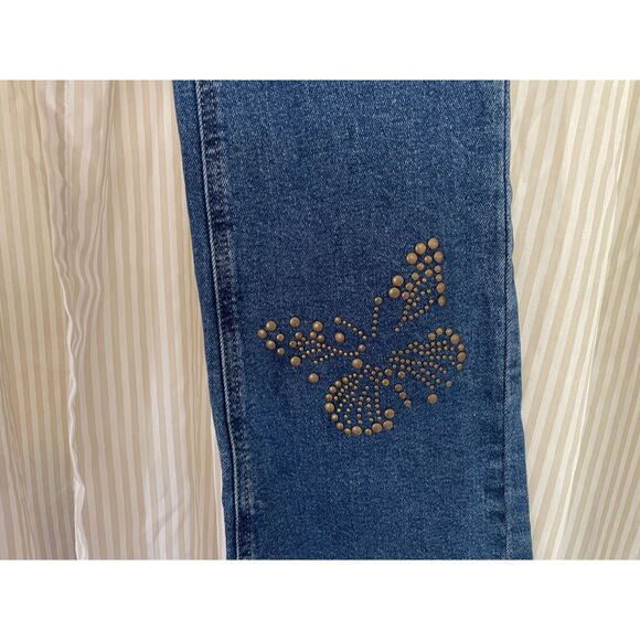 Womens Low Rise Bootcut Jeans Size 28 Dark Wash Butterfly Studded Y2K Denim - Picture 5 of 6